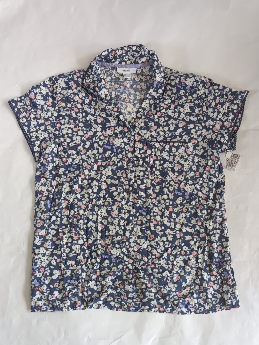 Alfani Navy Floral Short-Sleeve Button-Front Rayon Lounge Top - M
